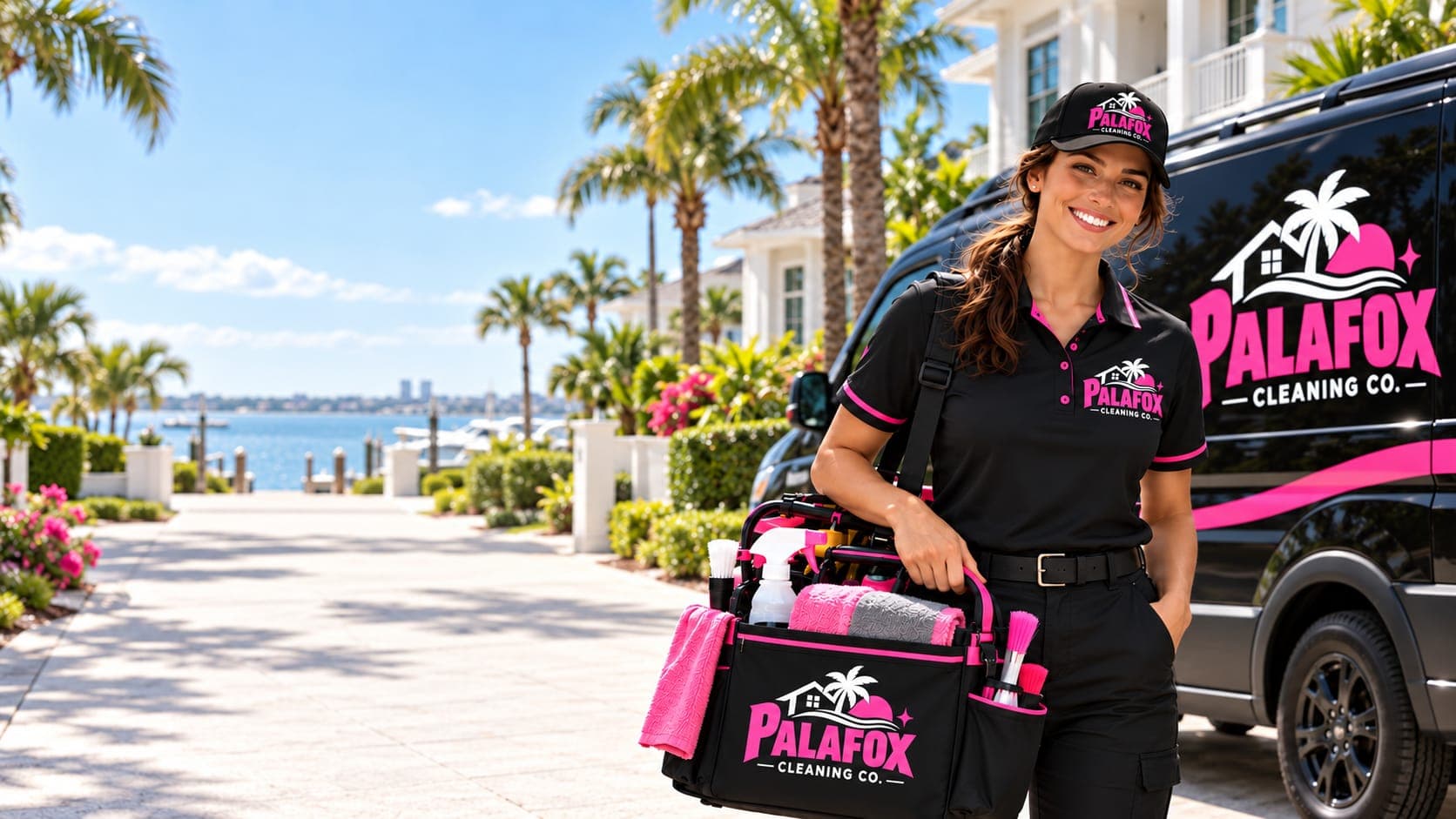 Palafox Cleaning Co. team member with a branded cleaning caddy beside the company van on a sunny Pensacola street