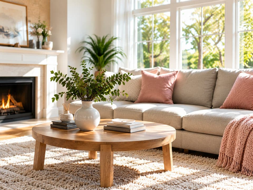 Bright, tidy living room with a sofa, coffee table, and sunlit windows