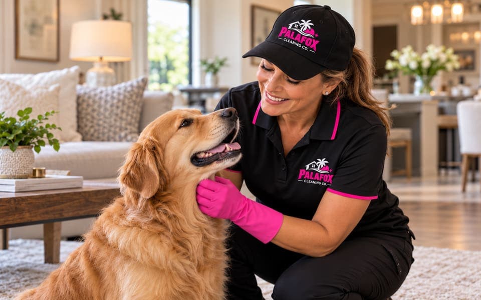 Palafox cleaner greeting a happy golden retriever in a living room