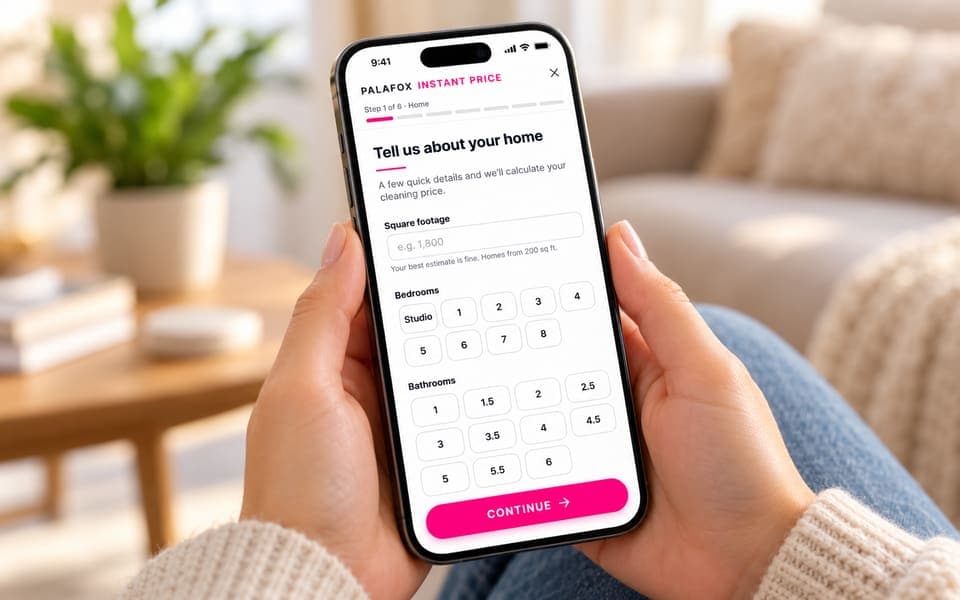 Hands holding a phone showing the Palafox instant price form